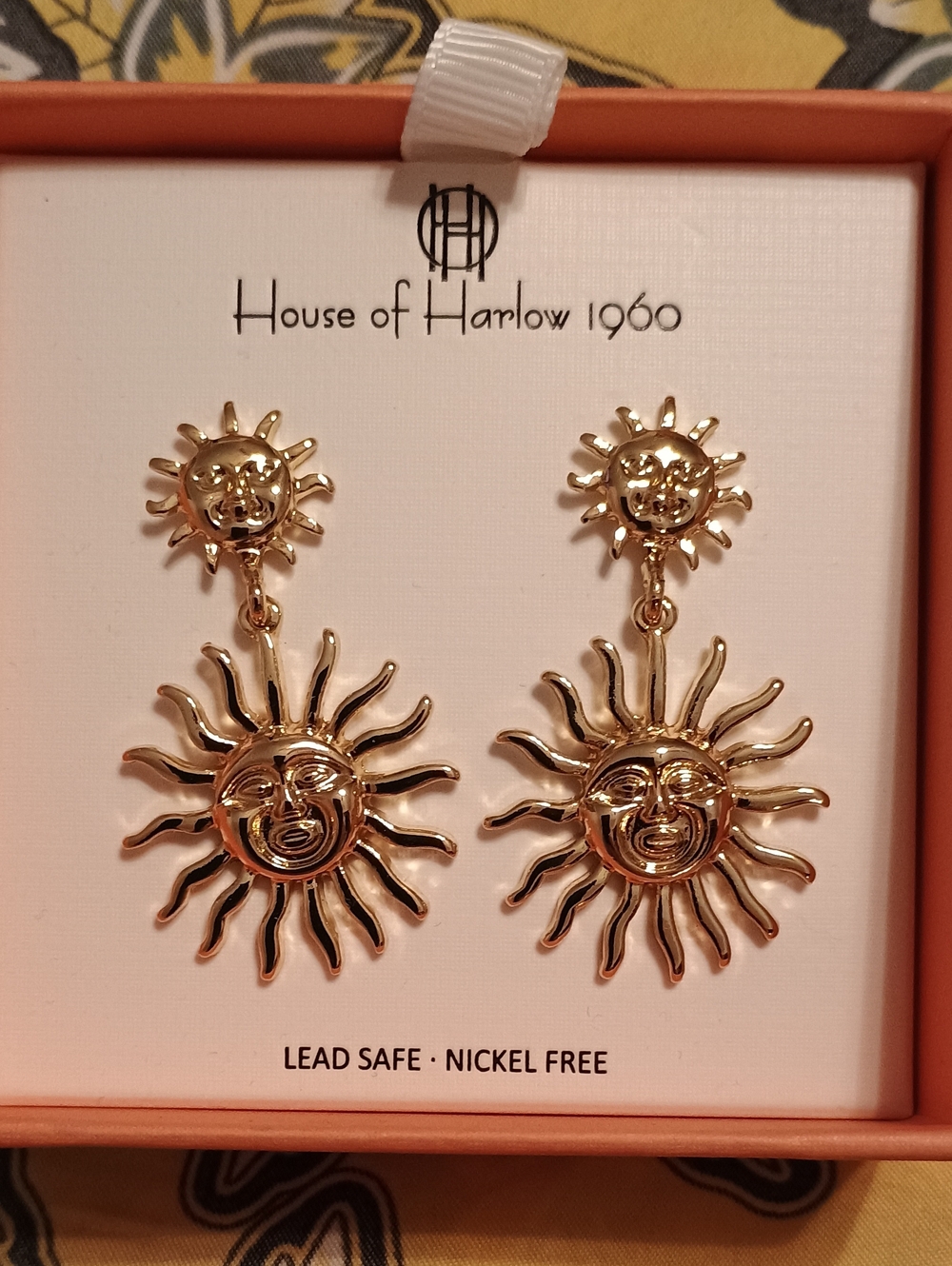 NWTS House of Harlow 1960 Gold Celestial Sun Face Drop Earrings. Hard To Find
